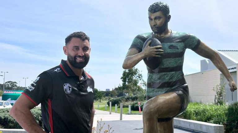 Alex Johnston makes cheeky gag as new statue unveiled at South Sydney headquarters